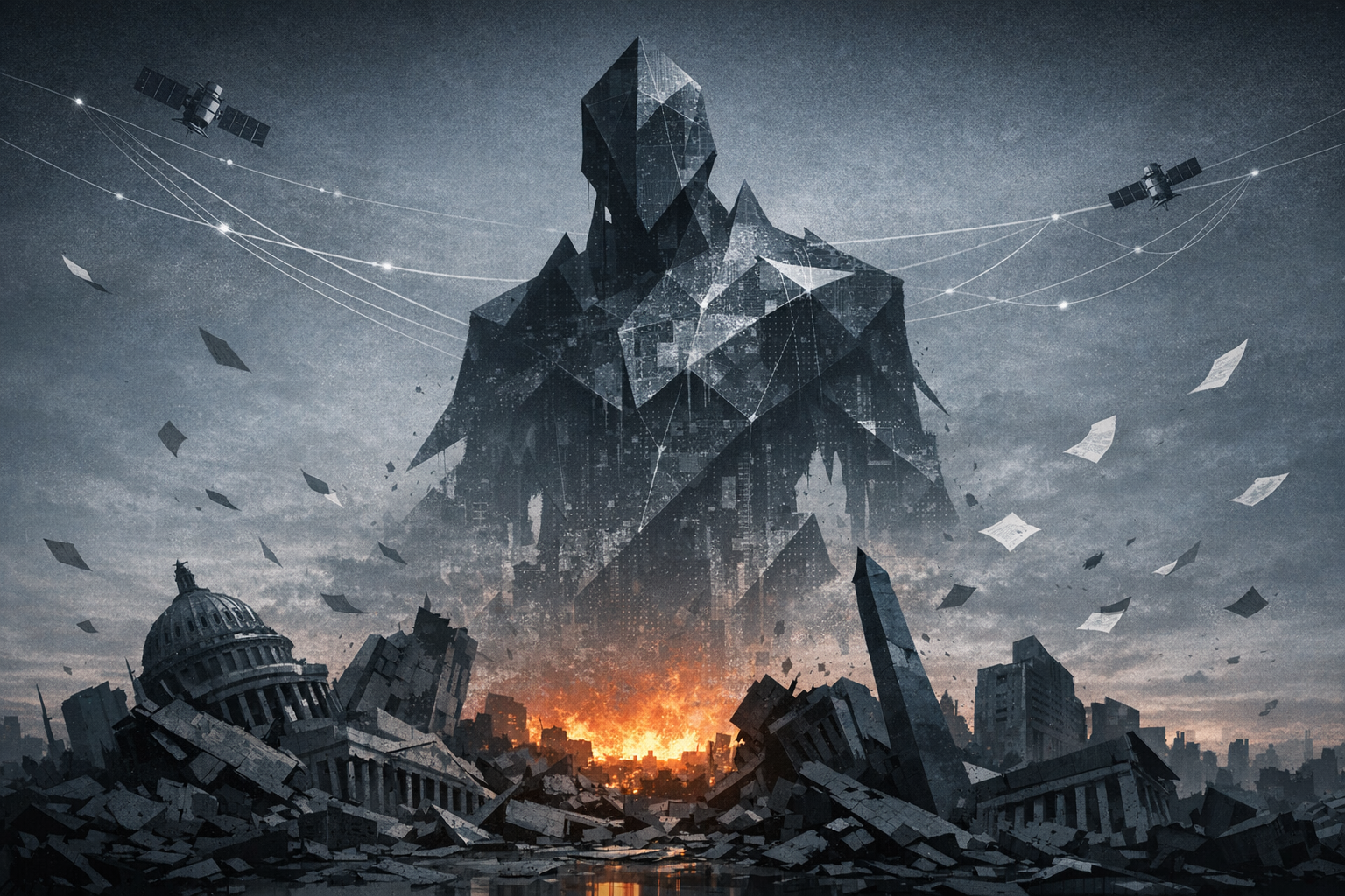 A monolithic, crystalline structure of glass and steel looms over a collapsing city, satellites feeding it data as government buildings burn below.